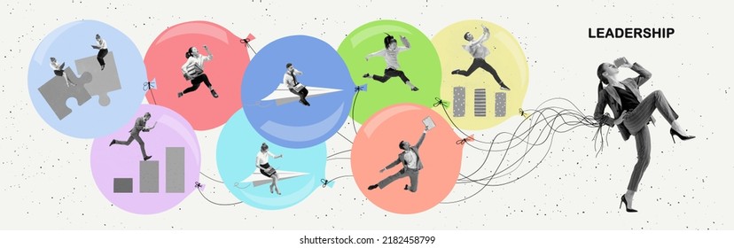 Leader. Contemporary art collage with woman and people as employees working hardly isolated over white background, Concept of art, finance, career, co-workers, team. Flyer - Shutterstock ID 2182458799