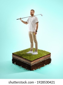 Leader. Golf Sportsman Playing On Blue Background Above Stadium Layers. Professional Player Practicing During Gameplay, Championship. Concept Of Sport, Movement, Achievements, Leadership, Action.