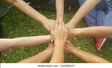 The leader holding all teamwork hands - Shutterstock ID 1165582117