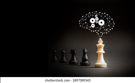Leader with ideas and ai brain can make an impact and different concept, White chess king with graphic brain standout from all the blurred black chess 
