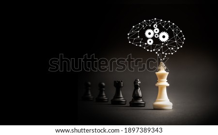 Leader with ideas and ai brain can make an impact and different concept, White chess king with graphic brain standout from all the blurred black chess 