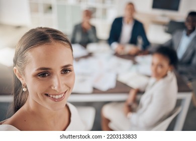 Leader, Motivation And Presentation With Business Woman, CEO And Manager Coaching, Teaching Employees During Meeting. Happy Female Mentor Or Coach With Smile Sharing Vision, Ideas And Profit Feedback