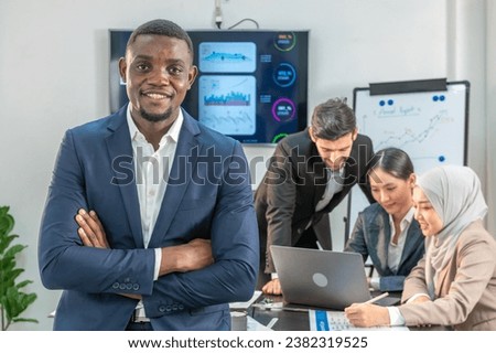 leader supervisor entrepreneur and manager smile and crossed arms for show happy working in office company. leader colleague looking showing arm cross in meeting room multiracial teamwork background.