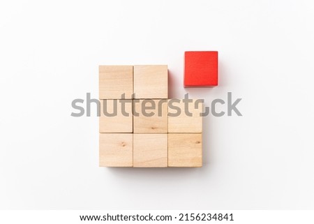 leadership, abstract, cooperation concept with red wood cube isolated on white background, for mock up, top view layout.