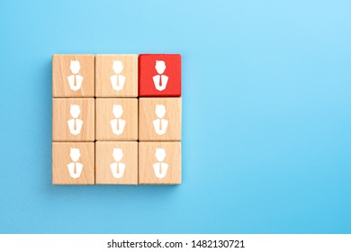 Leadership, Building A Good Team, Recruitment Business And Human Resources Concept, Wooden Blocks With People Icon On Blue Background, Copy Space