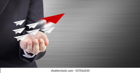 Leadership Concept Of Business Woman Hand With Paper Planes