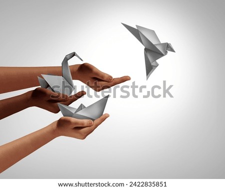 Leadership And Development concept as a symbol for innovation and progress as an icon of improvement as people with evolving origami sculptures representing creative technology advancement.