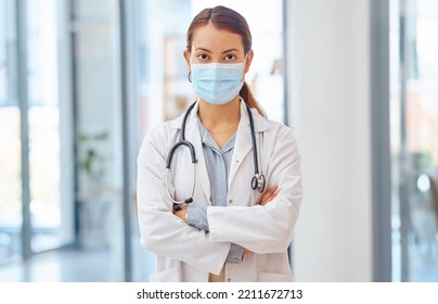 Leadership, Doctor And Covid Face Mask Woman In Medical Corona Virus Healthcare, Safety And Protection Trust Hospital. Girl, Vision And Mission In Covid 19 Pandemic Management Innovation At Clinic