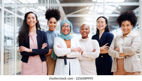 Leadership, empowerment and diversity happy woman team at creative marketing startup company. Teamwork, change and confident group of women with focus, pride and smile at advertising industry office. - Powered by Shutterstock