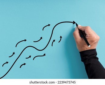 Leadership and following the leader. Guidance and leading the way in business. Hand draws a curved arrow line with many small follower lines. - Shutterstock ID 2239473745