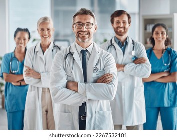 Leadership, teamwork and portrait doctors and nurses in hospital with support and success in healthcare. Health, help and medicine, confident senior doctor and happy medical employees smile together. - Powered by Shutterstock