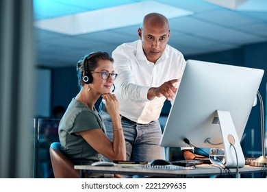 Leadership, training and manager in call center coaching a telemarketing employee for quality customer services. Contact us, crm and mentor teaching an insurance agent on new job tasks on a computer