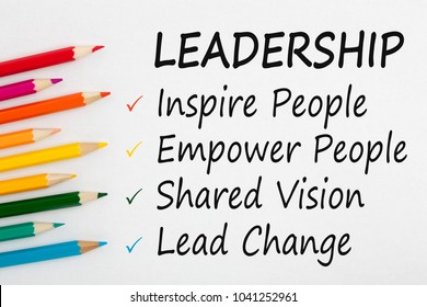 LEADERSHIP written on a white background and colour pencils. Business concept.Top view.