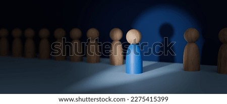 Leadership,talent,promotion,recruit,courage,Talented worker,promote,leader concept.Blue wood man steps out of row line.Hiring by competition among candidates.Highlighted among others on job interview