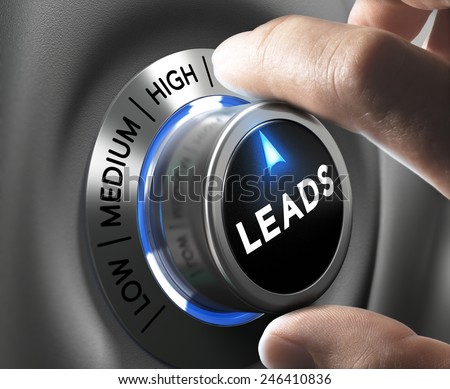 Leads button pointing  high position with two fingers, blue and grey tones, Conceptual image for increasing sales lead.