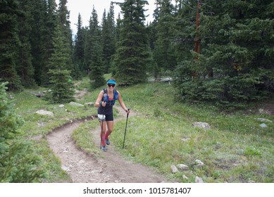 LEADVILLE, COLORADO USA - AUGUST 19, 2017: Veronica Gerhard Outbound Approaching The Hope Pass Aid Station During The Leadville Trail 100 Ultra, Leadville, Colorado, USA.