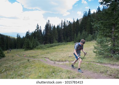 LEADVILLE, COLORADO USA - AUGUST 19, 2017: Stephen Moors Outbound Approaching The Hope Pass Aid Station During The Leadville Trail 100 Ultra, Leadville, Colorado, USA.