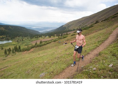 LEADVILLE, COLORADO USA - AUGUST 19, 2017: Michael Hewitt Descending Inbound From Hope Pass During The Leadville Trail 100 Ultra, Leadville, Colorado, USA.