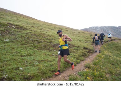 LEADVILLE, COLORADO USA - AUGUST 19, 2017: Juan Moran Descending Inbound From Hope Pass During The Leadville Trail 100 Ultra, Leadville, Colorado, USA.