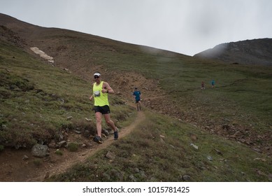 LEADVILLE, COLORADO USA - AUGUST 19, 2017: David Tierney Descending Inbound From Hope Pass During The Leadville Trail 100 Ultra, Leadville, Colorado, USA.