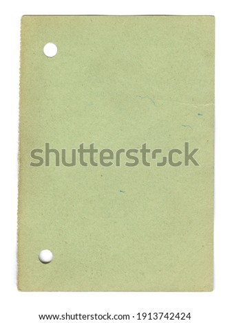 Leaf from a vintage 50s notebook, green in color, with two punched holes, on a white background.
