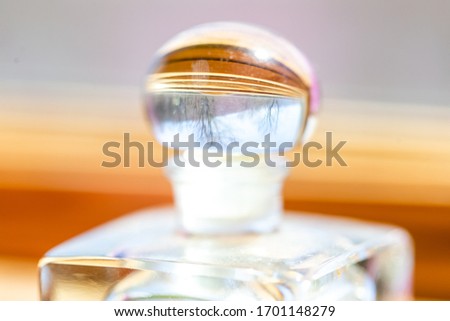 Leafless bare trees reflected in the top of a glass perfume bottle on a wood windown sill