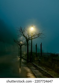 Leafless trees lit by the street lamps along the misty road on a rainy night. Spooky glossop street with glowing lanterns on a foggy autumn night. Halloween. Scary mood. Selective focus. - Shutterstock ID 2207724647
