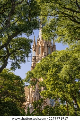 Leafy view of the tall church spire and clock tower of San Isidro cathedral near Buenos Aires in Argentina