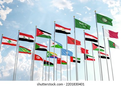 League of Arab States, the flags of the 22 Arab countries ripple in the sky with the flag of the League of Arab States - Shutterstock ID 2201830401
