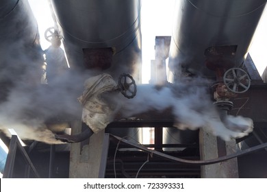 Leakage Of Steam In Heat Pipeline. Steam Outgoing From The Rusty Tube With Valve