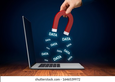 Leaked Data, Data Breach, Cybersecurity And Hacked Stolen Data Concepts. Hand With Magnet Steal Data From Unprotected Computer By Spyware, Visual Metaphor And Concept.