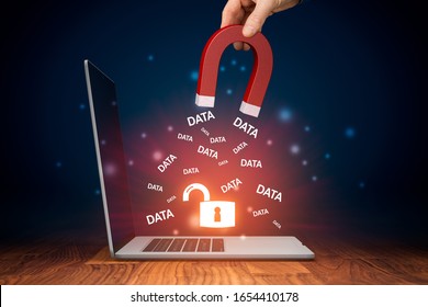 Leaked Data, Data Breach, Cybersecurity And Hacked Stolen Data Concepts. Hand With Magnet Steal Data From Unprotected Computer, Visual Metaphor And Concept.