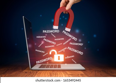 Leaked Pwned Passwords, Data Breach, Cybersecurity And Hacked Stolen Passwords Concepts. Hand With Magnet Steal Passwords From Unprotected Computer By Spyware, Visual Metaphor And Concept.