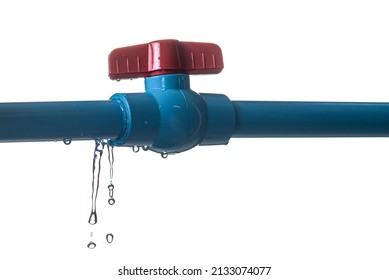 Leaked And Splash Water From Pvc Plastic Pipe Isolated On White Background