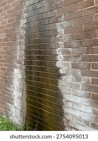 Leaking Gutter Drip Causing Water Stains and Efflorescence on Exterior Brown Brick Wall, Damp Wall