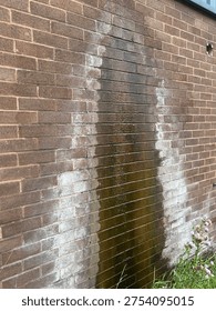 Leaking Gutter Drip Causing Water Stains and Efflorescence on Exterior Brown Brick Wall, Damp Wall
