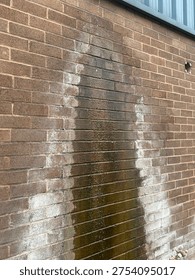 Leaking Gutter Drip Causing Water Stains and Efflorescence on Exterior Brown Brick Wall, Damp Wall