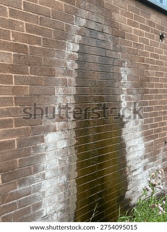 Leaking Gutter Drip Causing Water Stains and Efflorescence on Exterior Brown Brick Wall, Damp Wall