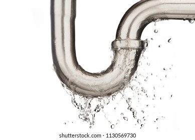 Leaking Of Water From Stainless Steel Sink Pipe On Isolated On White Background