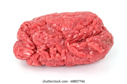 Lean ground beef freshly ground on a white background.