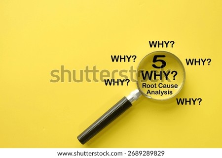 A lean management and Kaizen tool for continuous improvement.The 5 Whys methodology is shown under a magnifying glass,representing a strategy for quality control and process optimization in business.