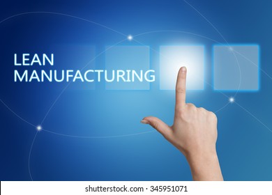 Lean Manufacturing - hand pressing button on interface with blue background.