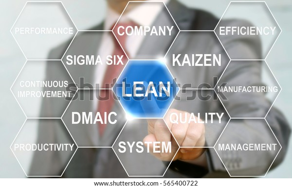 Lean manufacturing sigma six business\
concept. Businessman touched lean text\
button