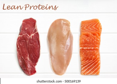 Lean Proteins Food Background.  Red Meat, Chicken Breast And Salmon Fillet Over White Timber.  Top View.