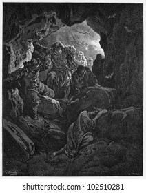 Leandra Is Located In A Cave - Picture From The History Of Don Quixote Book, Published In 1880, London - UK. Drawings By Gustave Dore.