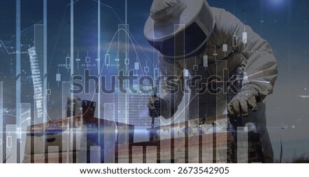 Leaning beekeeper in veiled suit using hive tool scraping hive against skyline, with chart overlay. Apiary, investment, data visualization, urban landscape, protection, agriculture, financial analysis