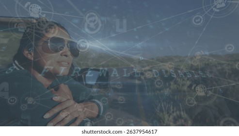 Leaning male wearing sunglasses gazing at road, with car mirror firewall disabled text, copy space. Adventure, exploration, technology, digital, rugged, travel, wilderness - Powered by Shutterstock - Get 15% off with code: PIKWIZARD15