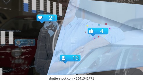 Leaning man in blue shirt studying analytics, social icons over silver car in showroom, copy space. Technology, innovation, dashboard, data visualization, professional, corporate, modern - Powered by Shutterstock - Get 15% off with code: PIKWIZARD15
