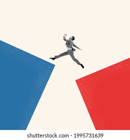 Leap into unknown. Young man, ballet dancer in business clothes, suit jumping isolated on abstract art background. Concept of finance, economy, professional occupation, ad. Creative collage