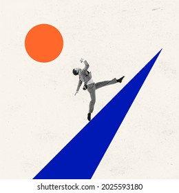Leap Into Unknown. Young Man, Ballet Dancer In Business Clothes, Suit Jumping Isolated On Abstract Art Background. Concept Of Finance, Economy, Professional Occupation, Ad. Creative Collage